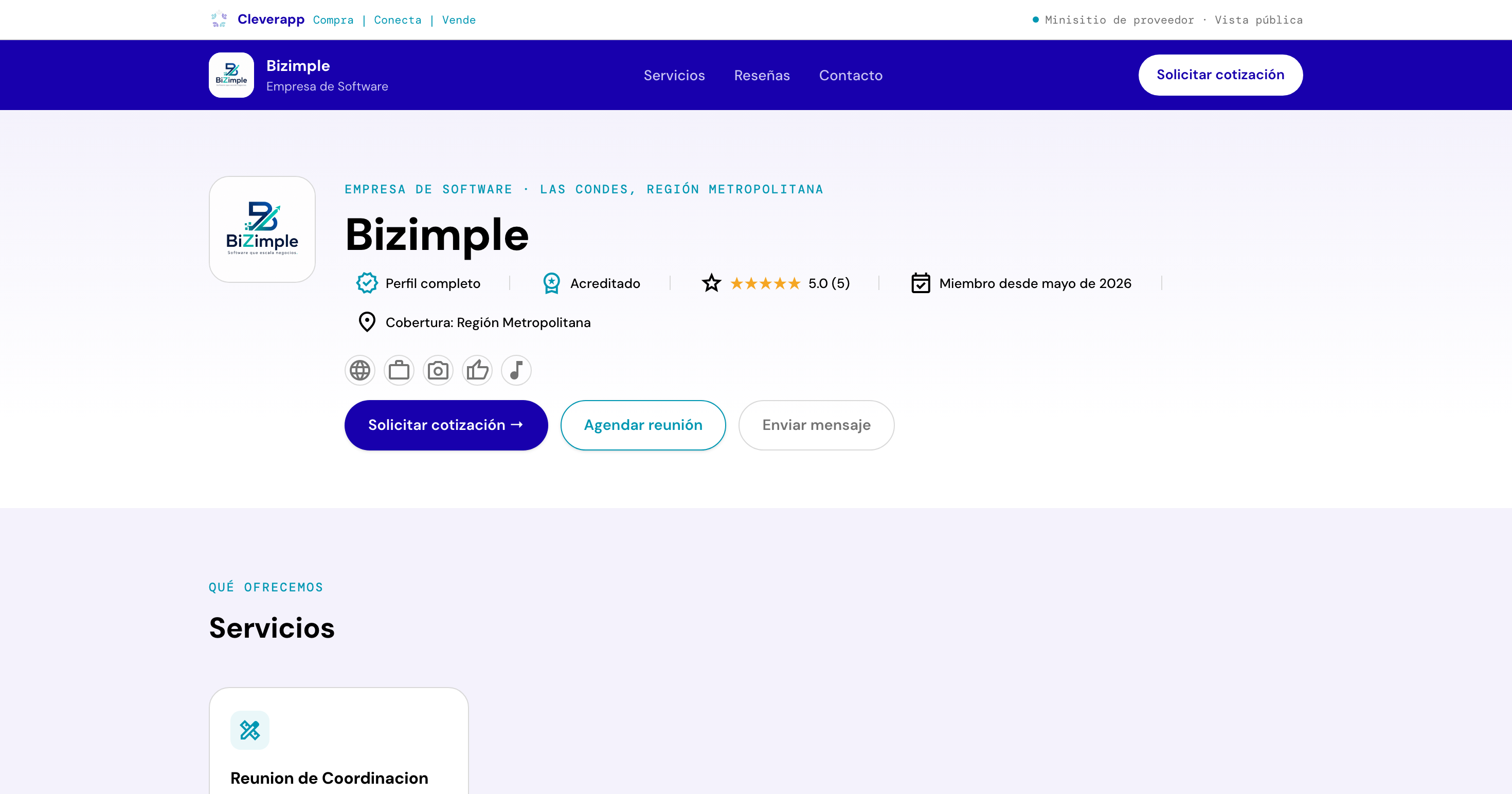 El minisitio público de un proveedor en Cleverapp