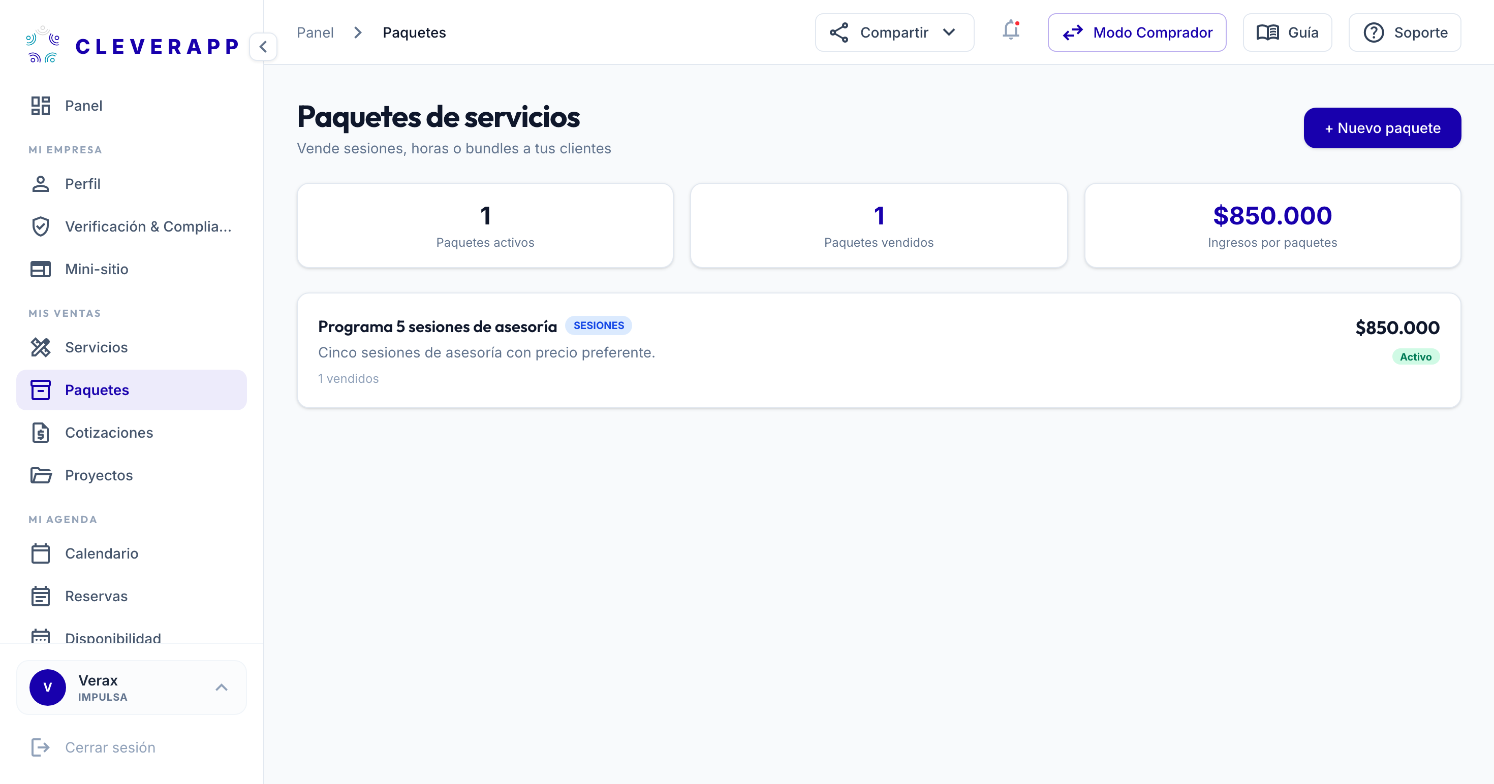 El panel de Paquetes de servicios